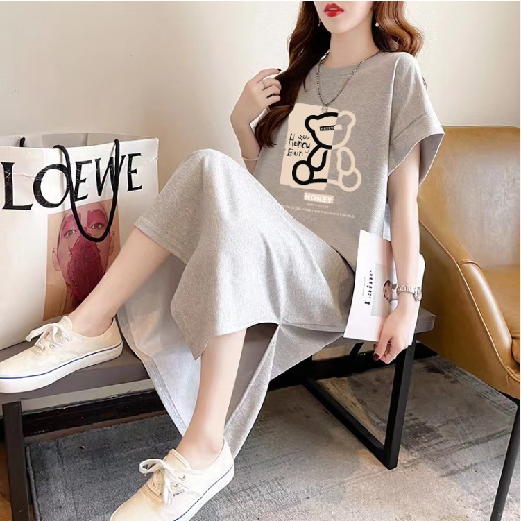 慵懒风短袖t恤裙女夏季休闲宽松过膝长裙纯棉长款连衣裙大码女装